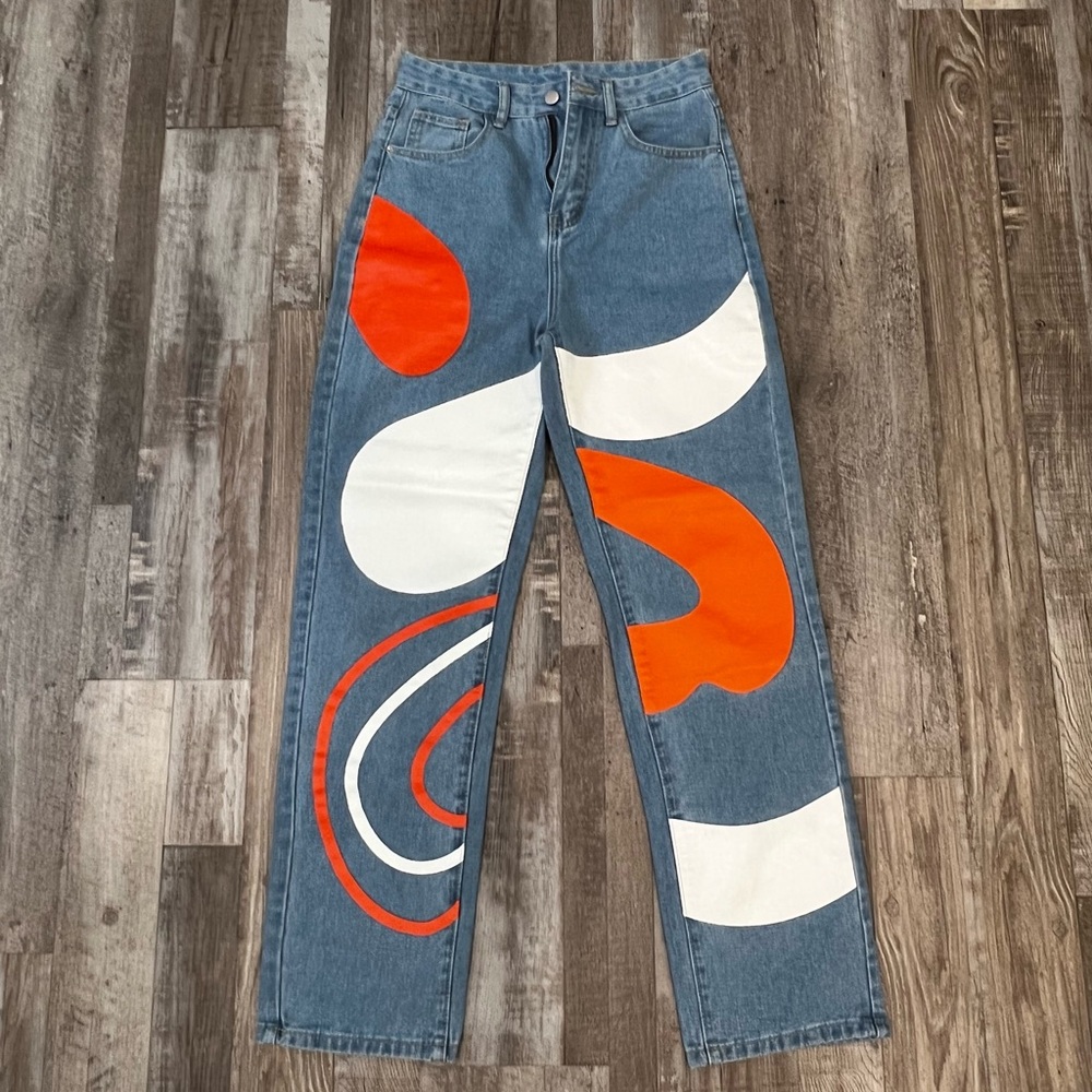 NWOT Shein Denim Jeans With Orange & White Designs Size Small